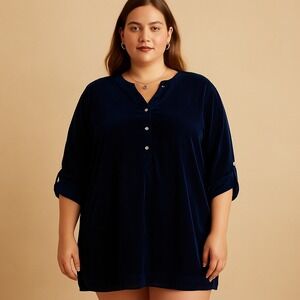 Madison Mathews Navy Velvet Tunic Dress 3XL Boho Artisan India Boutique boho lux